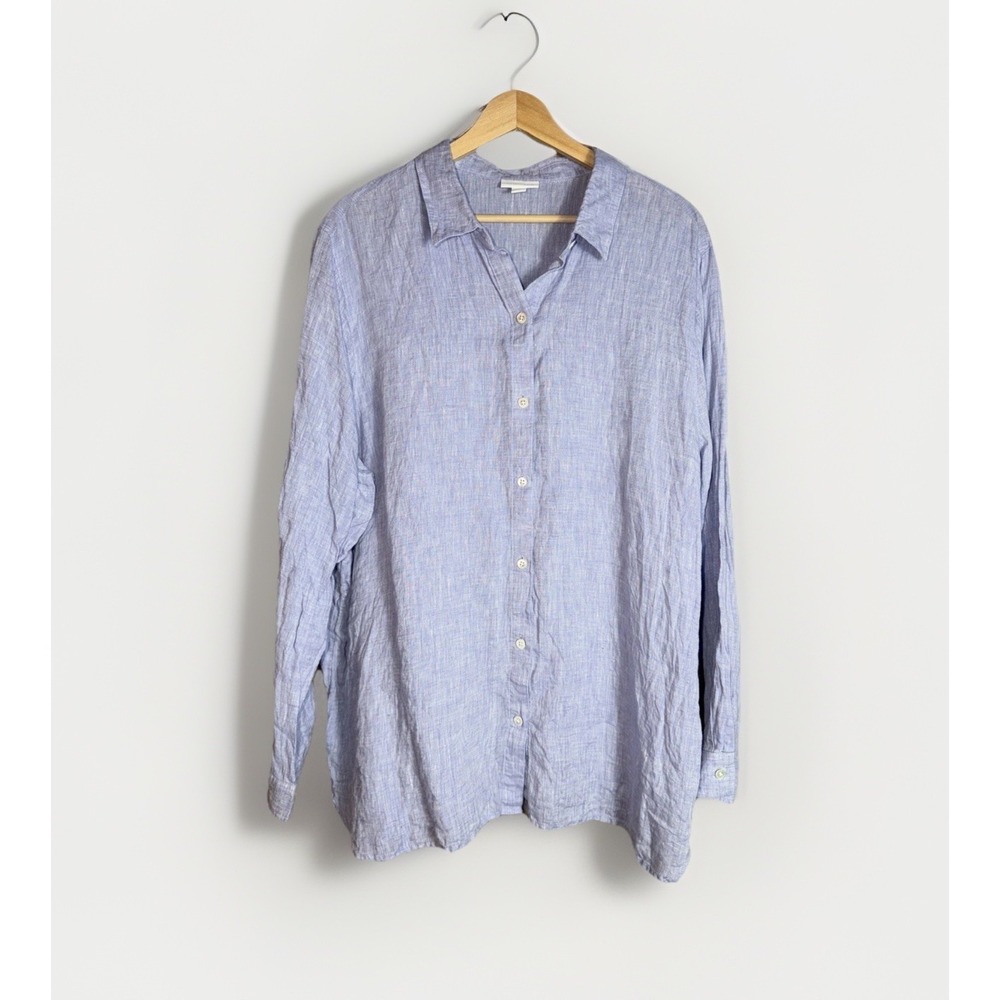 J. Jill Women's Size XL 100% Linen Blouse Blue Chambray Button Front Collar